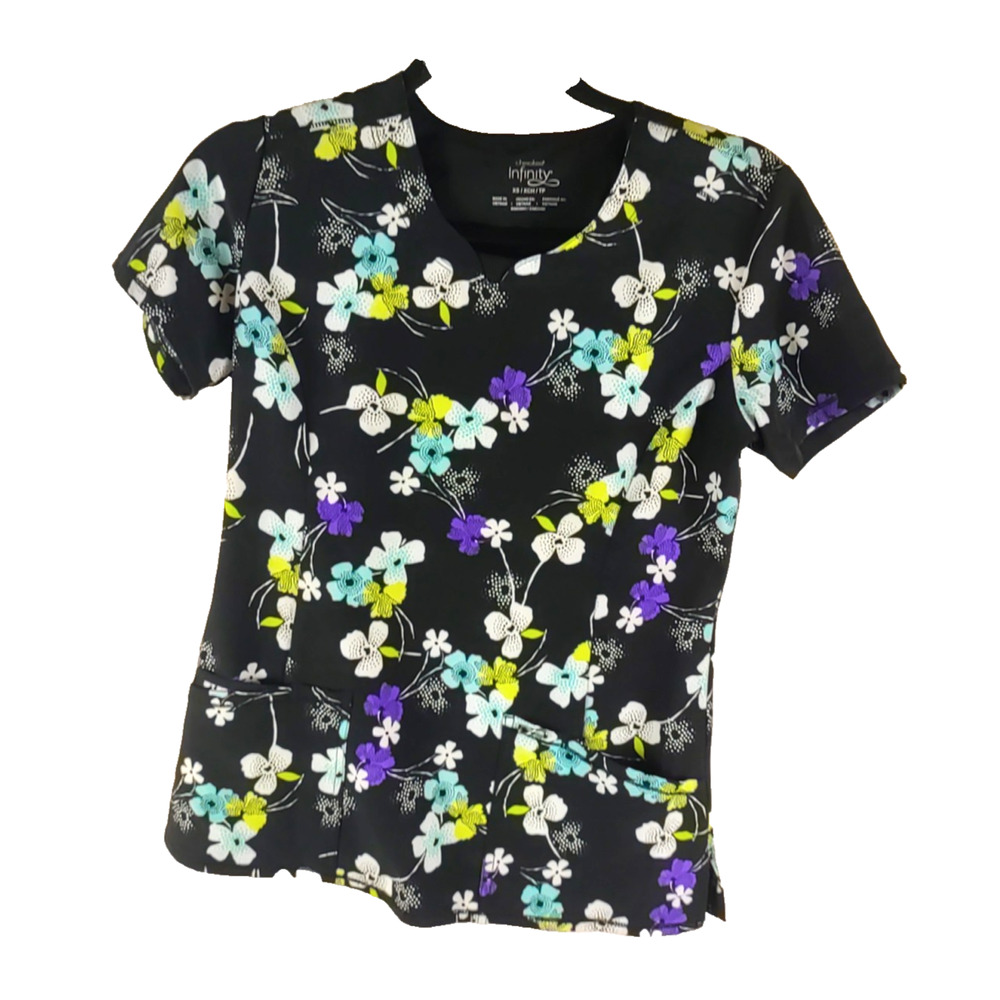 Cherokee Infinity Women's Scrub Top Size X Small Black Blue White Flowers